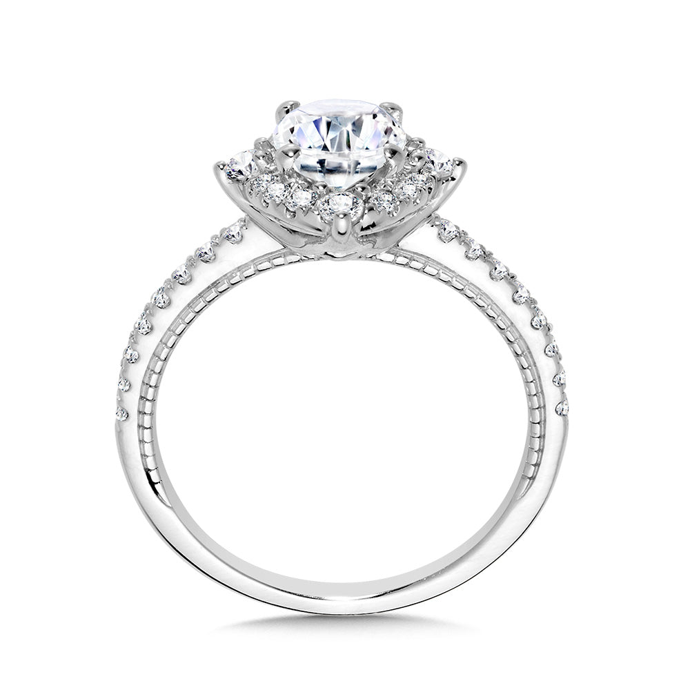 Four-Pointed Halo & Oval-Cut Milgrain-Beaded Diamond Engagement Ring — R2427W-SR