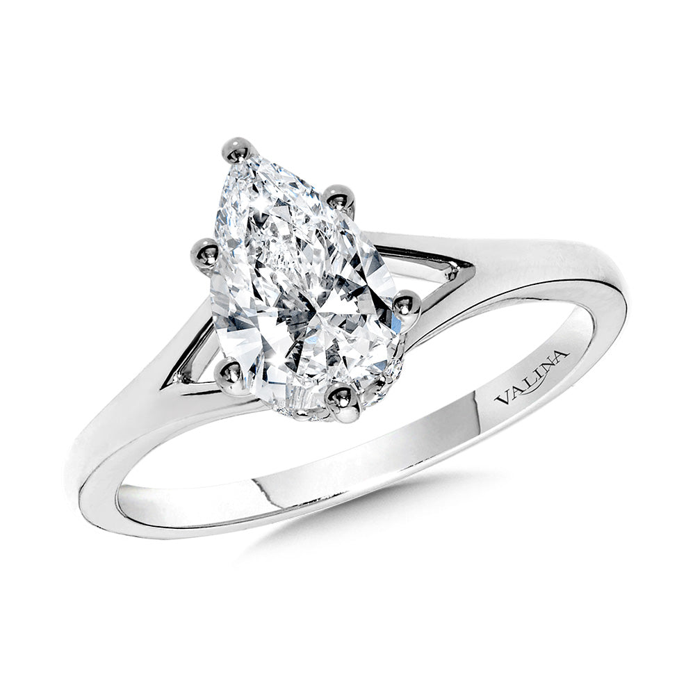 Six-Prong Pear-Cut Diamond Split Shank Engagement Ring w/ Chevron Collar — R2428W-SR