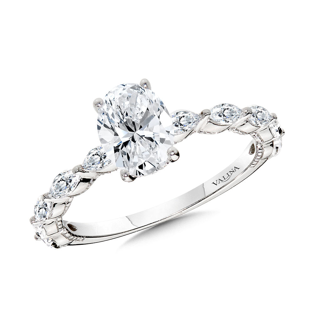 Oval-Cut Diamond & Milgrain-Beaded Shared Prong Engagement Ring w/ Hidden Halo — R2430W-SR