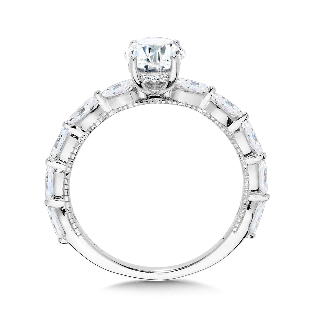 Oval-Cut Diamond & Milgrain-Beaded Shared Prong Engagement Ring w/ Hidden Halo — R2430W-SR