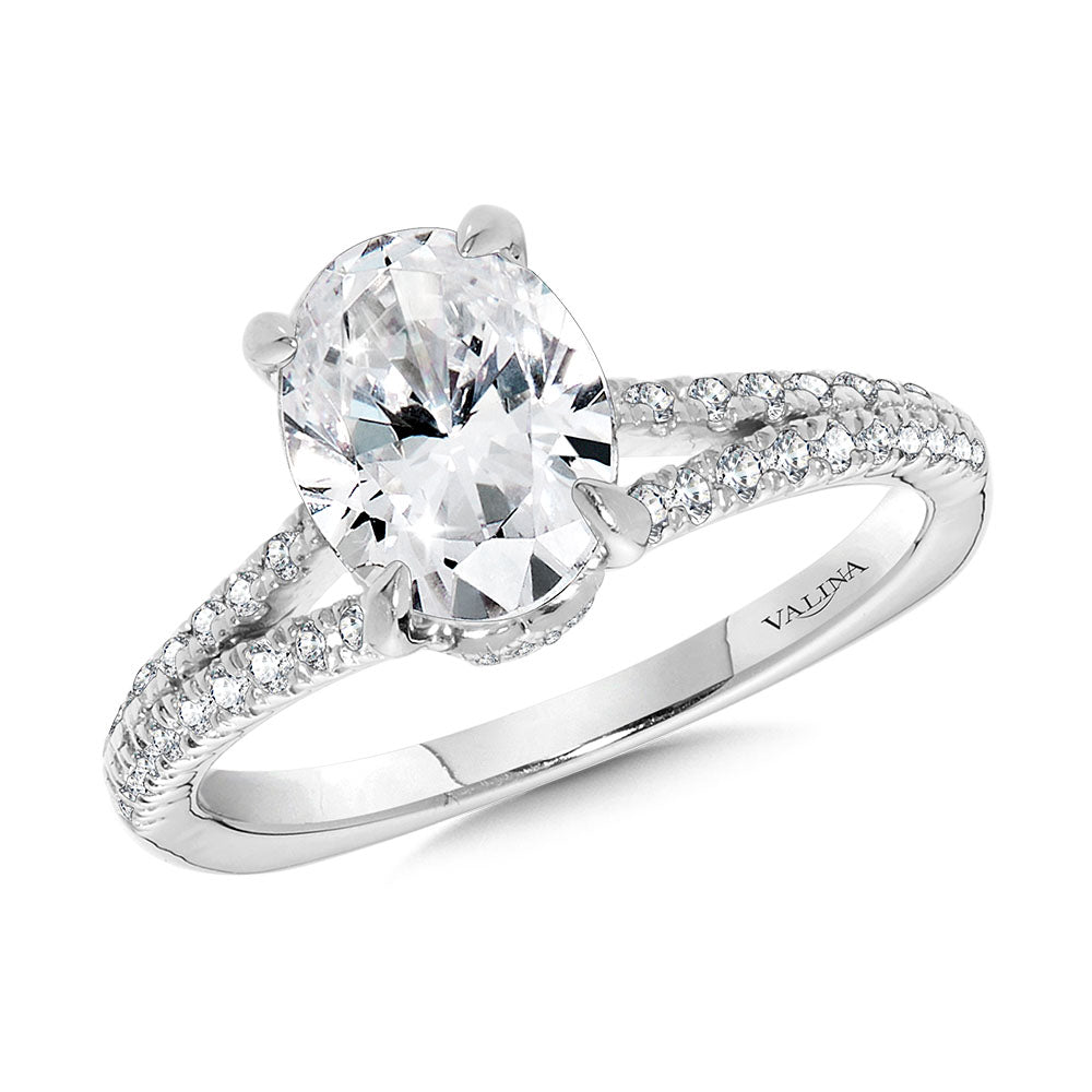 Split Shank Diamond Engagement Ring w/ Milgrain-Beaded Chevron Collar — R2435W