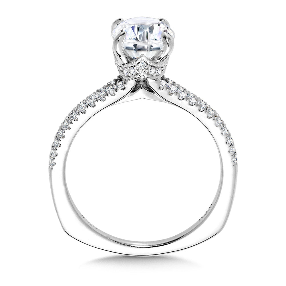 Split Shank Diamond Engagement Ring w/ Milgrain-Beaded Chevron Collar — R2435W