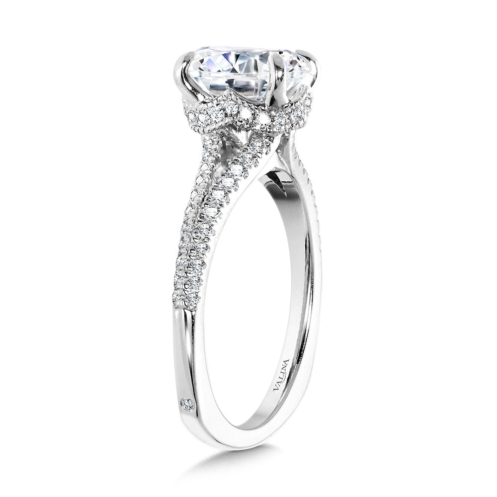 Split Shank Diamond Engagement Ring w/ Milgrain-Beaded Chevron Collar — R2435W