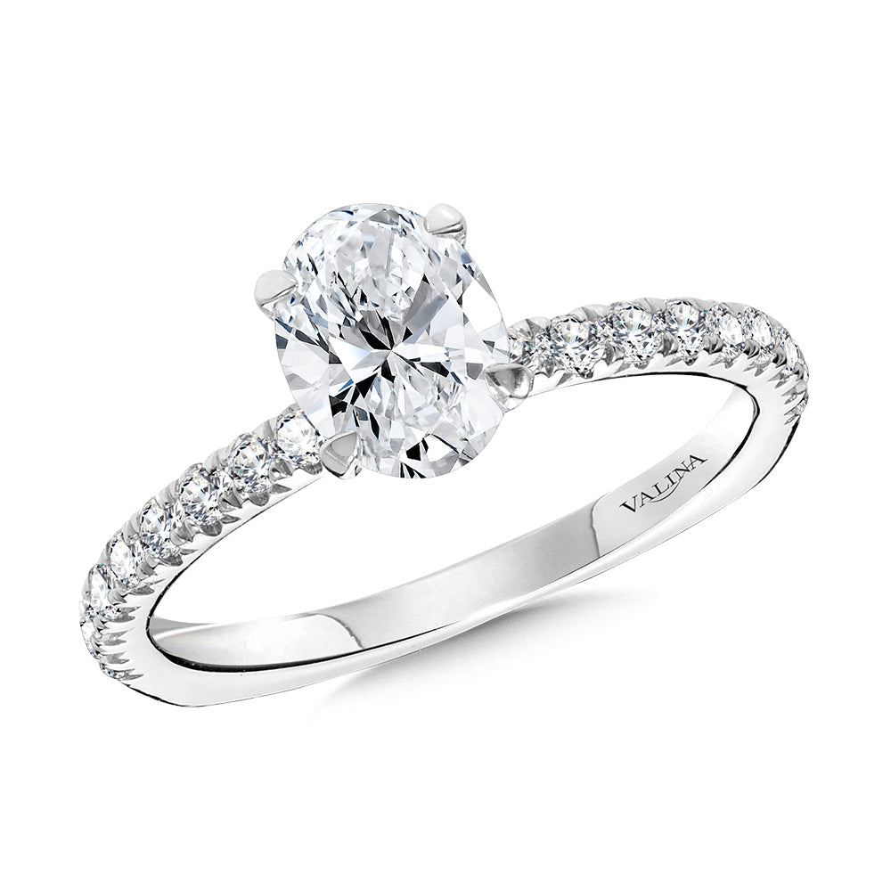Straight Oval-Cut Diamond Engagement Ring w/ Chevron Collar — R2442W