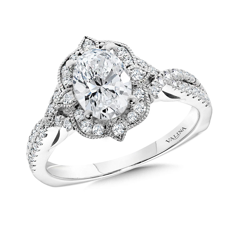 Vintage  Oval-Cut Diamond Halo & Crisscross Engagement Ring  w/ Milgrain Beading & Filigree — R2445W