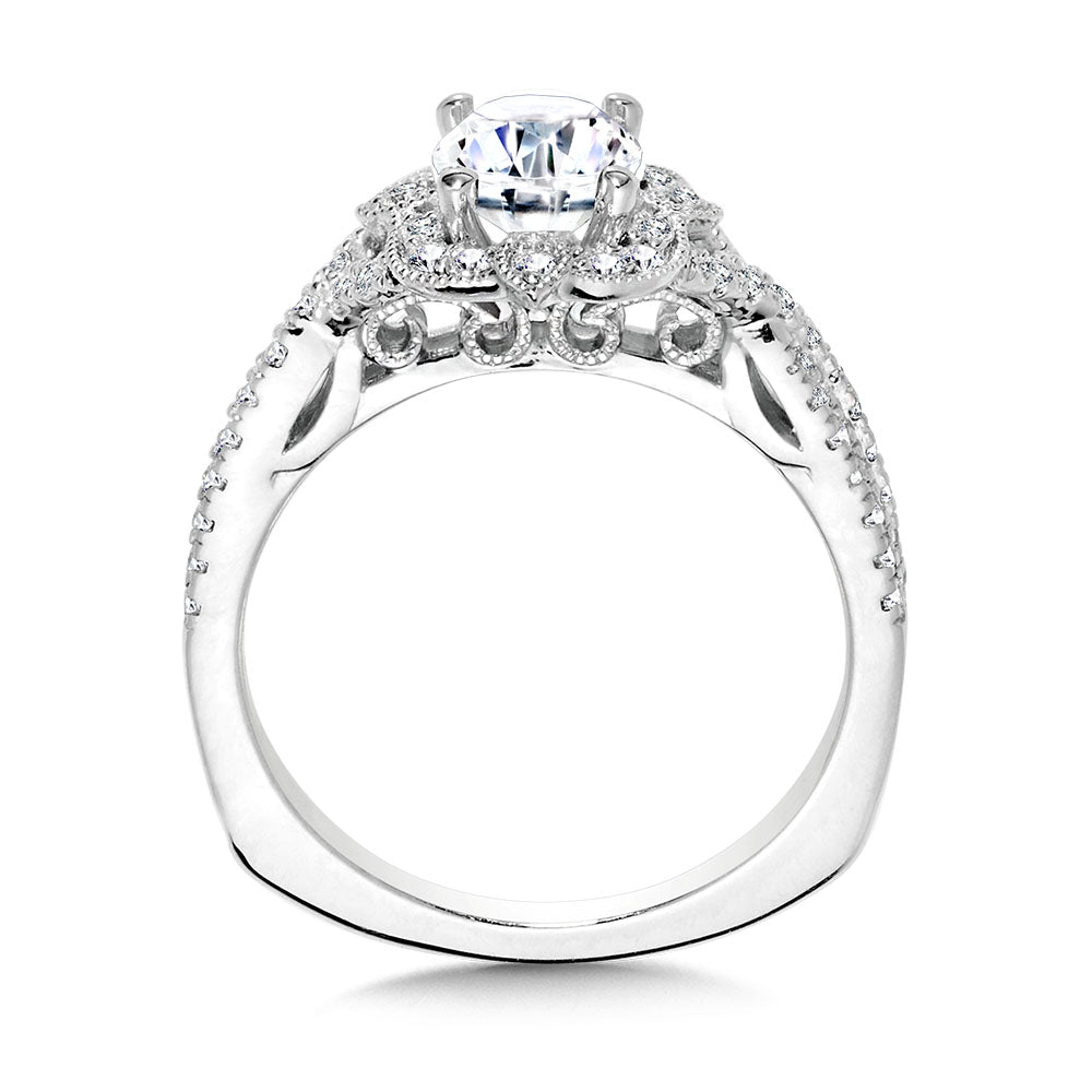 Vintage  Oval-Cut Diamond Halo & Crisscross Engagement Ring  w/ Milgrain Beading & Filigree — R2445W