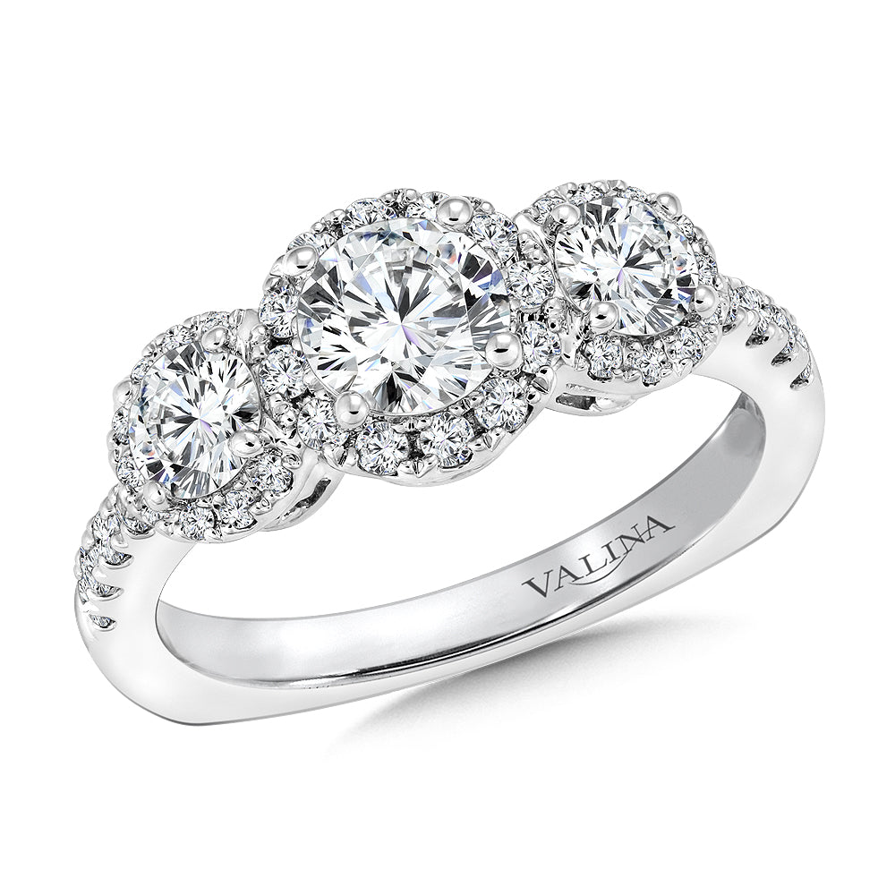 Three stone halo Engagement Ring — R9433W