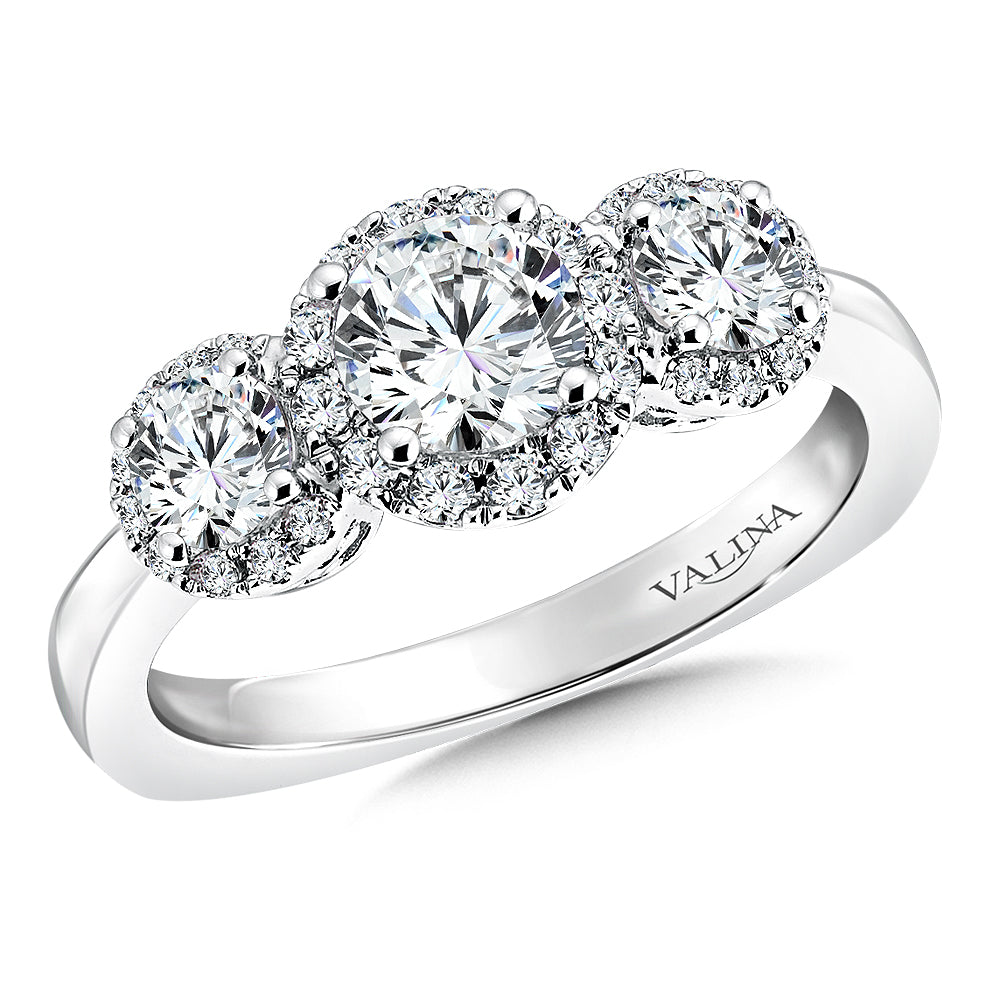Three-Stone Halo Style Engagement Ring — R9473W
