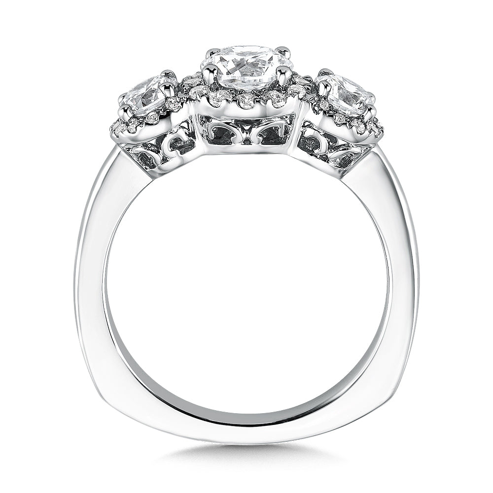 Three-Stone Halo Style Engagement Ring — R9473W