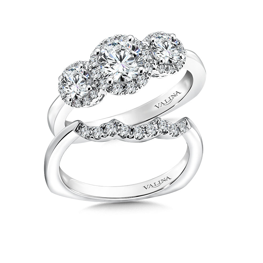 Three-Stone Halo Style Engagement Ring — R9473W
