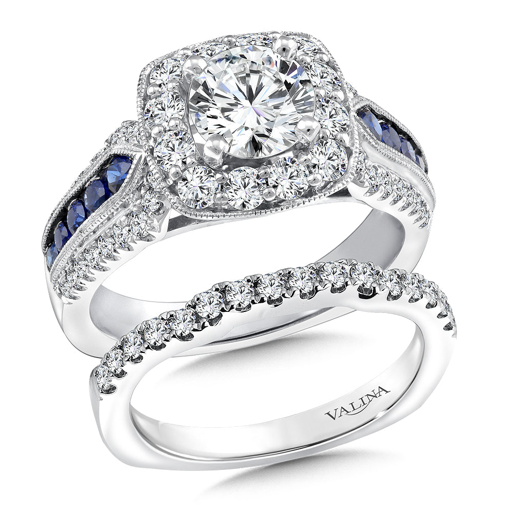 Diamond and Blue Sapphire Halo Engagement Ring — R9520W-BSA