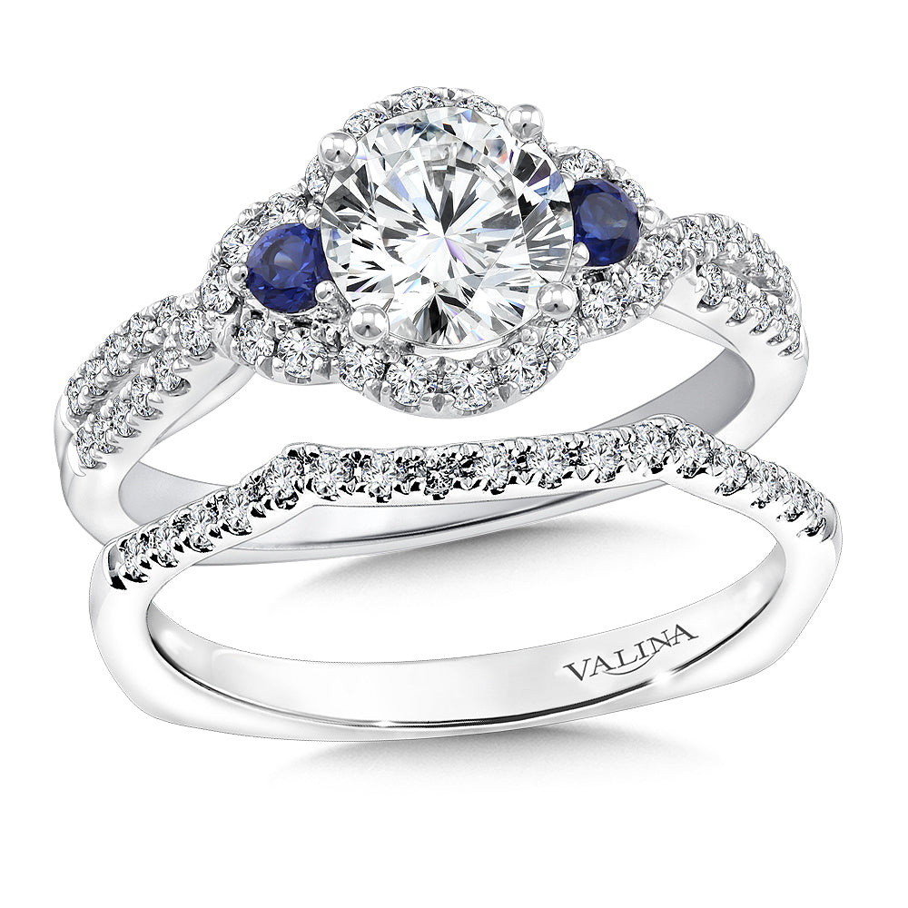 Diamond and Blue Sapphire Halo Engagement Ring — R9617W-BSA
