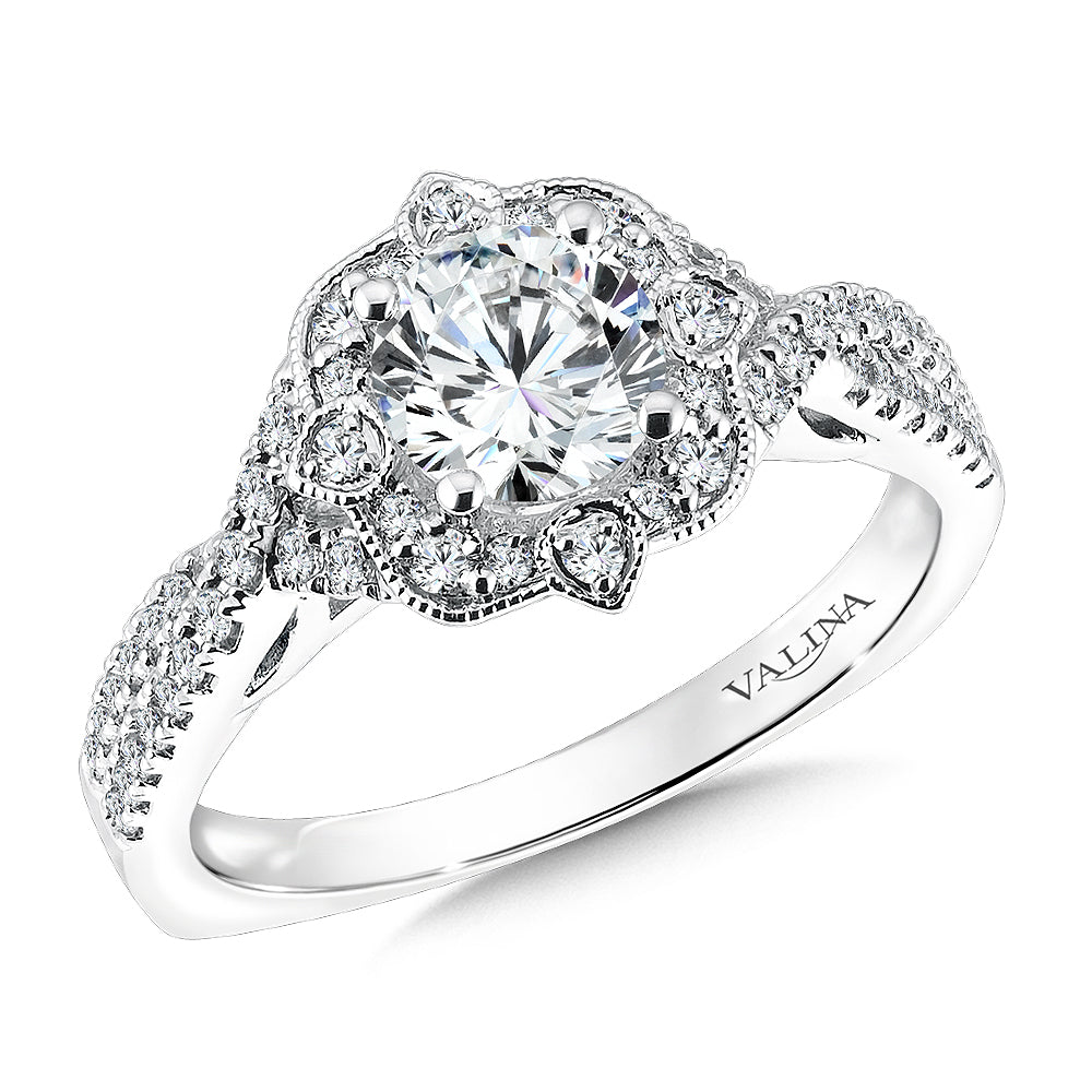Floral Shape Halo Diamond Engagement Ring — R9619W