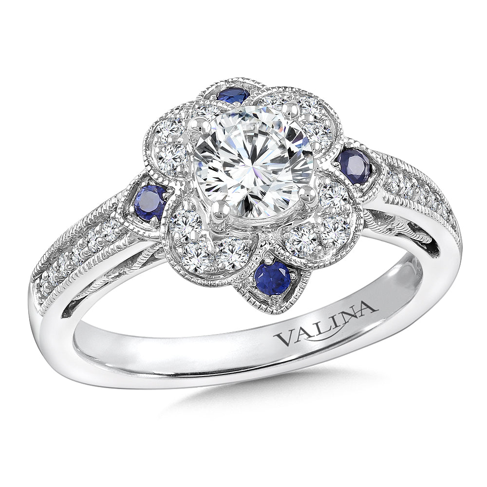 Floral Diamond and Blue Sapphire Halo Engagement Ring — R9759W-BSA