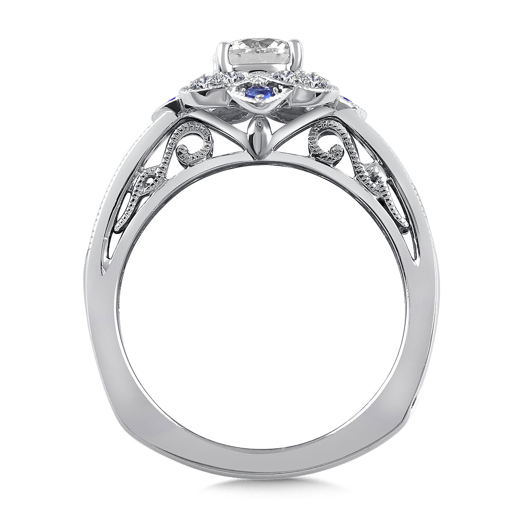 Floral Diamond and Blue Sapphire Halo Engagement Ring — R9759W-BSA