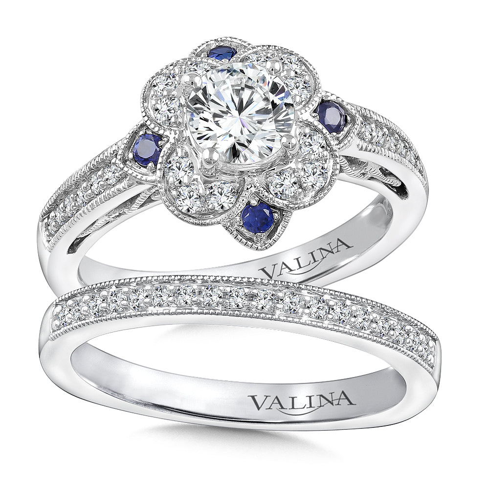 Floral Diamond and Blue Sapphire Halo Engagement Ring — R9759W-BSA